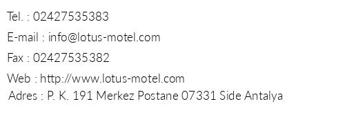 Lotus Hotel telefon numaralar, faks, e-mail, posta adresi ve iletiim bilgileri